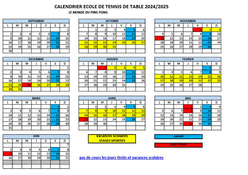 Calendrier des cours de ping pong enfants du samedi